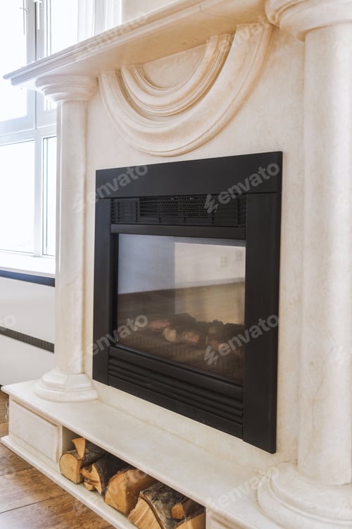 Preview: Modern fireplace in white wall