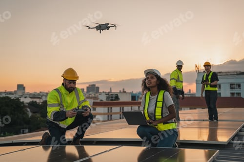 Preview: Service engineer checking solar cell on the roof for maintenance with drone technology.