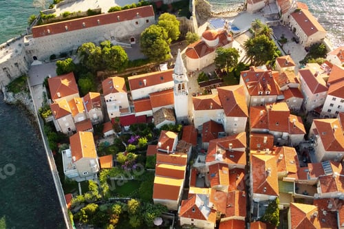 Preview: Panoramic sunset aerial drone view of ancient city of Budva, Montenegro