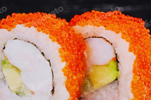 Preview: Sushi roll with shrimp, avocado cheese and tobiko caviar