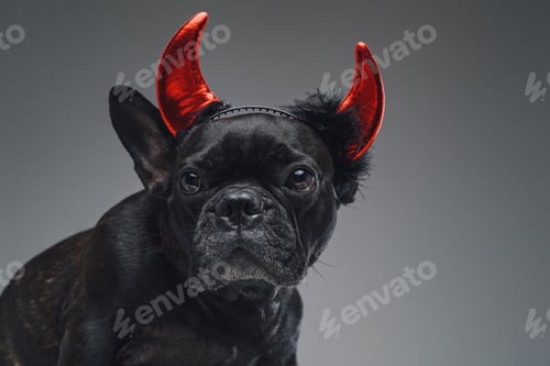 Preview: Amusing french bulldog with devil horns against gray background