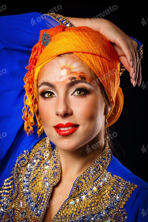 Preview: Portrait Of Oriental Beauty With Face Art And National Costumes. Girl Dressed In Jellabiya And