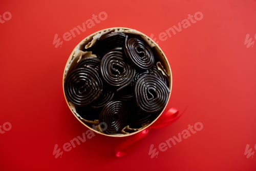 Preview: Tasty black liquorice candies in present box on red background