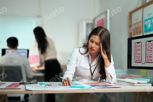 Preview: Stressed UI/UX designer having headache from overwhelming work