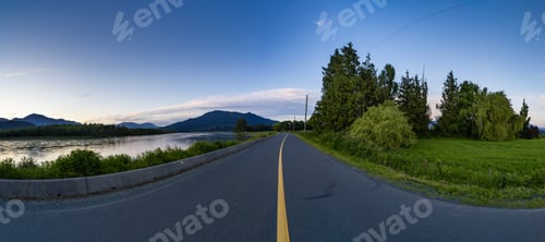 Preview: Scenic Road by the River at Sunset. Fraser Valley, Chilliwack, BC, Canada
