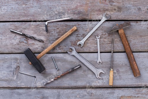Preview: Various tools on wooden background