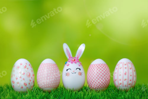 Preview: A row of Easter eggs on the grass.