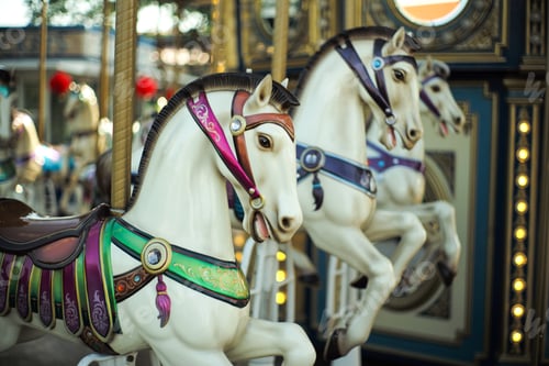 Preview: Motioned blurred picture of horse of carousel with defocused horses and bokeh lights in background.