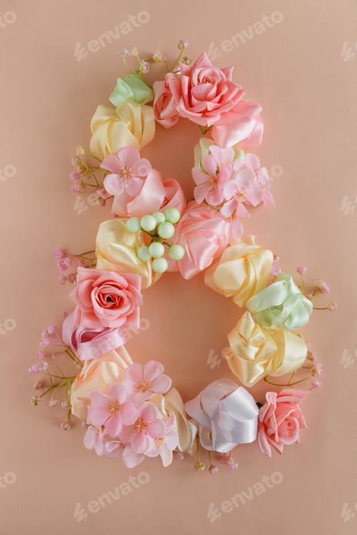 Preview: Floral Number Eight with Satin Bow. Elegant Womens Day Decoration on Pink Background