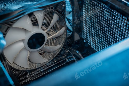Preview: Dust on CPU cooling fan inside of a PC computer