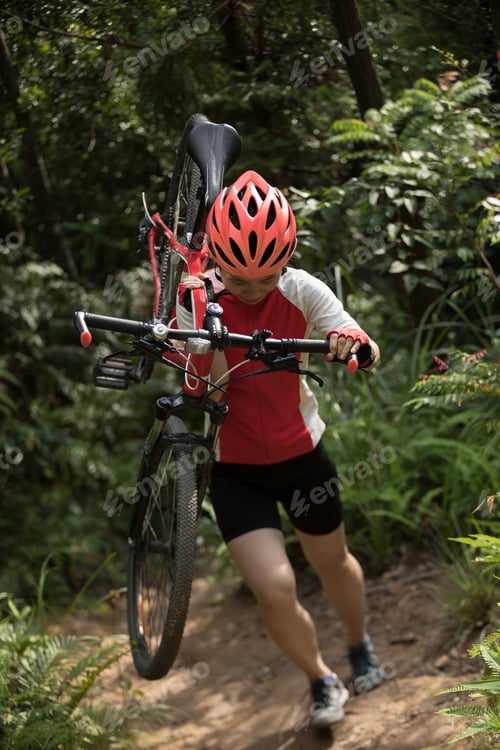 Preview: Cyclist carrying a mountain bike in the forest