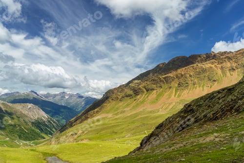 Preview: Mountain landscape along the road to Stelvio pass (Lombardy) at summer