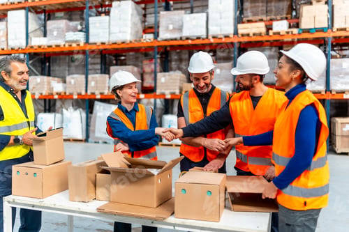 Preview: Logistics team workers handshaking in warehouse for successful collaboration