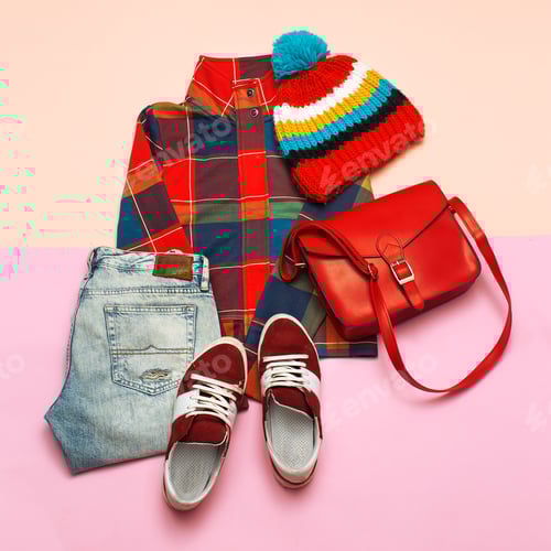 Preview: Stylish set of clothes. Checkered jacket and bright accessories.