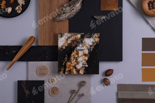 Preview: Creative architect moodboard flat lay composition in grey