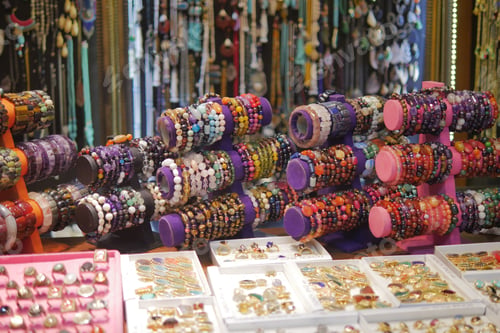 Preview: A Vibrant and Colorful Display of Bracelets and Unique Jewelry at the Market Stall