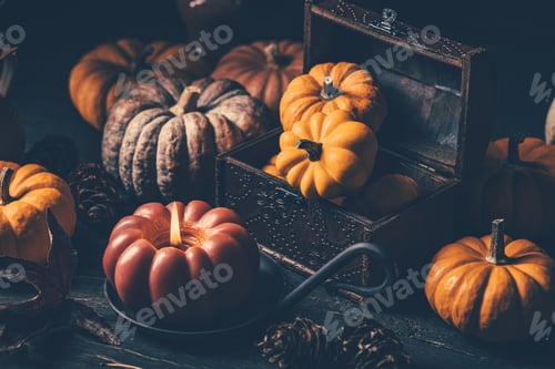 Preview: Still life with pumpkins and vintage candle, Thanksgiving arrangement in autumn colors