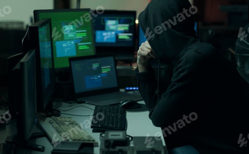 Preview: Cool hacker with hoodie working with computers