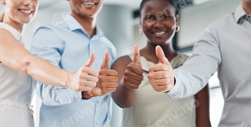 Preview: Success, collaboration and team thumbs up of diversity group of office workers happy in a office. B
