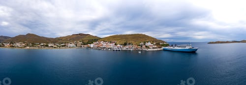 Preview: Panoramic view of Kea, Tzia island, Cyclades, Greece. Moored ships at island port