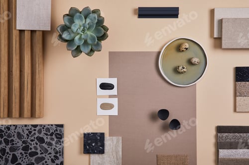 Preview: Creative flat lay composition of interior designer and architect moodboard