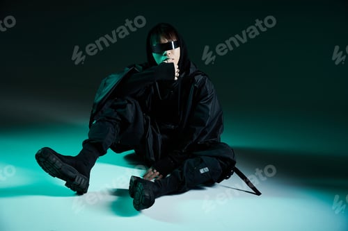 Preview: Stylish young asian man sitting confidently in urban setting with modern fashion choices