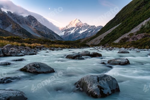 Preview: Hooker valley track with Mt Cook or Aoraki and hooker lake flowing in national park at New Zealand
