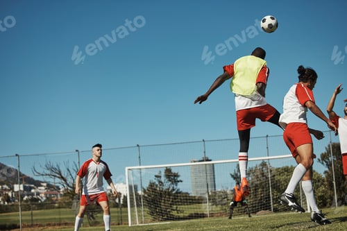 Preview: Soccer, sports and training with a team on a field or grass pitch for a workout or exercise togethe