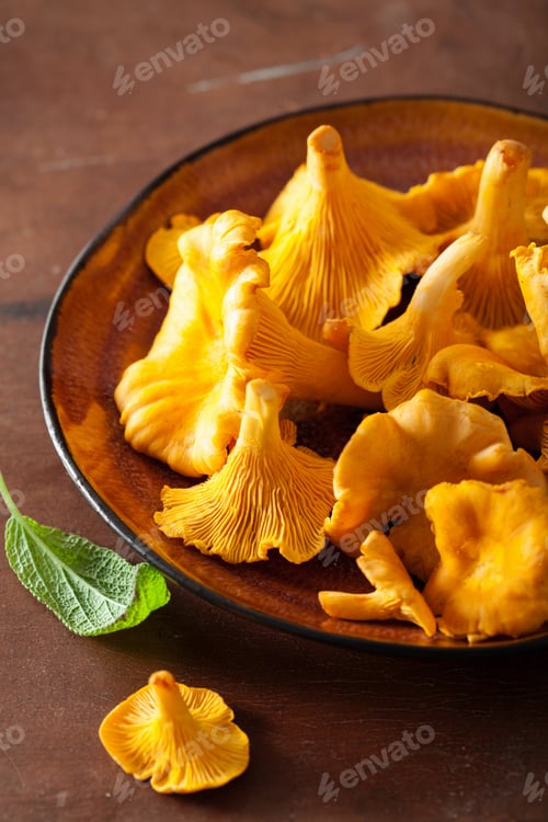 Vista previa: raw fresh chanterelle mushrooms on dark background