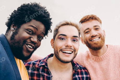 Preview: Diverse friends having fun together doing selfie outdoor - Focus on gay male face wearing makeup