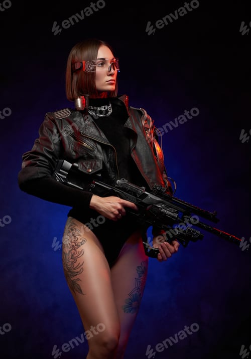 Preview: Seductive woman with naked and tattooed legs holding futuristic rifle