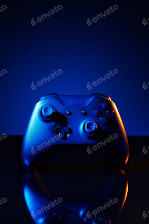 Preview: Gaming joystick on black background in neon light