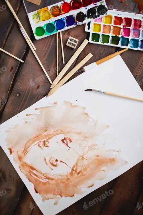 Preview: Watercolor Face Painting with Art Supplies on Wood
