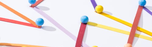 Preview: panoramic shot of multicolored abstract connected lines with pins, connection and communication
