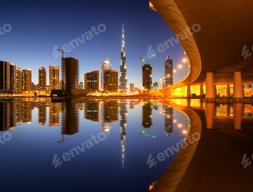 Preview: Reflection of skyscrapers in Business Bay district during sunset. Dubai, United Arab Emirates.