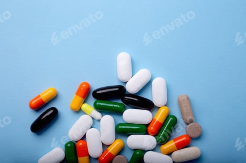 Preview: Top view of different pills on blue background,copy space for text.