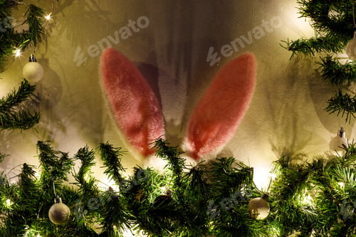 Preview: Rabbit ears in the christmas tree on white background.