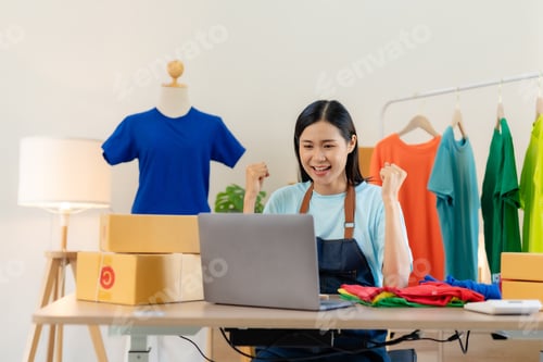 Preview: Successful Asian woman entrepreneur raising hands with surprise smiling happily on laptop at home.