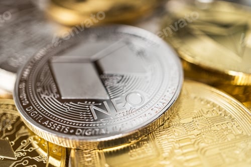 Preview: Close-Up of Neo Physical Coin On Stack of Many Other Cryptocurrencies
