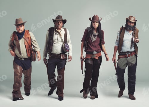 Preview: Pulling of a wild west bank job. A band of outlaws walking while isolated on gray.