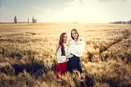 Preview: Two young women are looking forward tothe sunset. Best friends