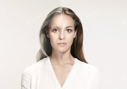 Preview: Comparison. Portrait of beautiful woman with problem and clean skin