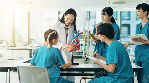 Preview: Learning, professor and students with heart in hospital for lesson, education or practical training