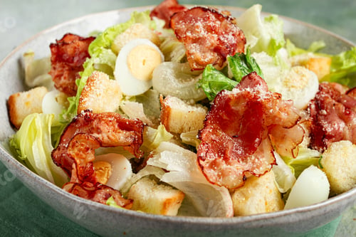 Preview: caesar salad with fried bacon, quail eggs, homemade, no people,