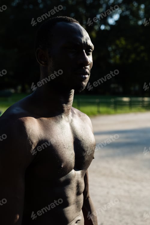Preview: Athletic black man posing in a city park