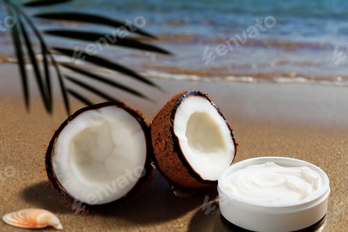 Preview: fresh organic coconut on the sand at the beach