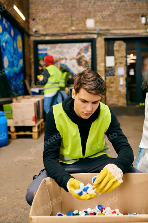 Preview: Eco warrior cleaning: man in yellow vest sorting trash
