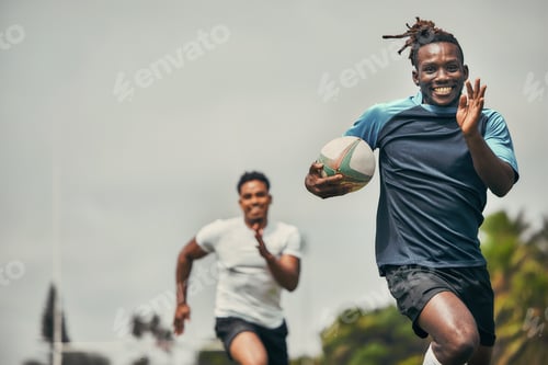 Preview: Rugby, energy and black man with ball running to score goal on field at game, match or practice wor