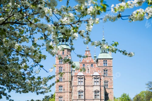 Preview: beautiful blossoming tree branches and famous Rosenborg castle in Copenhagen, Denmark