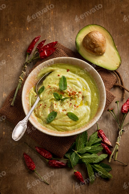 Preview: avocado soup with mint leaf and hot chili pepper